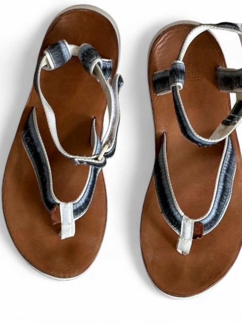 Teva Brown Leather Footbed Sandals with Blue and White Straps